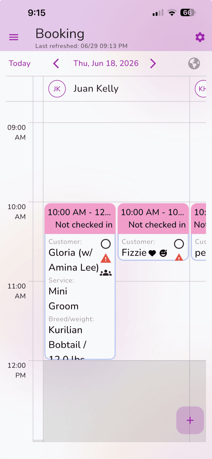 Franpos Pulse booking calendar with grooming appointments