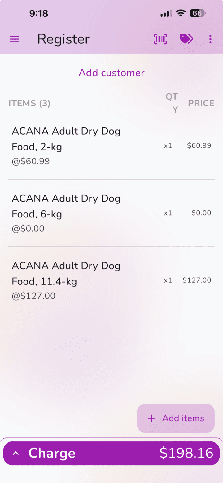 Franpos Pulse register screen with items and charge total