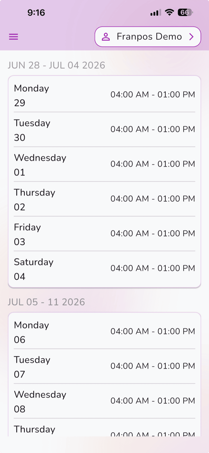 Franpos Pulse employee schedule by week