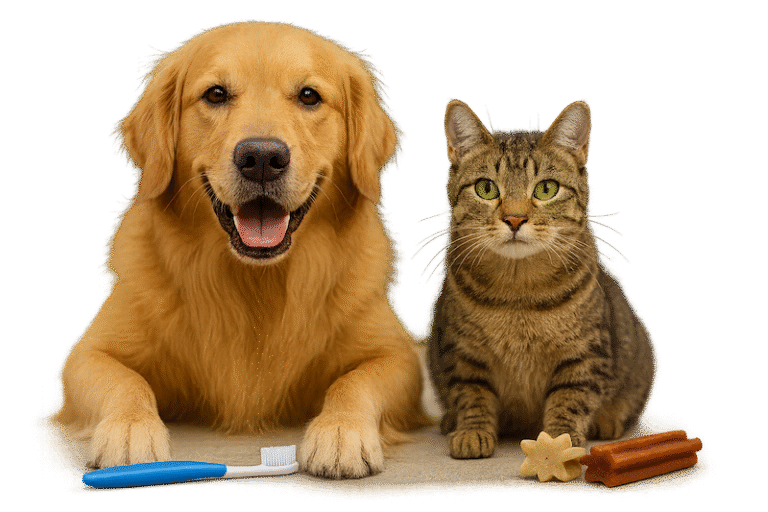 Dog and cat dental health with toothbrush and dental treats