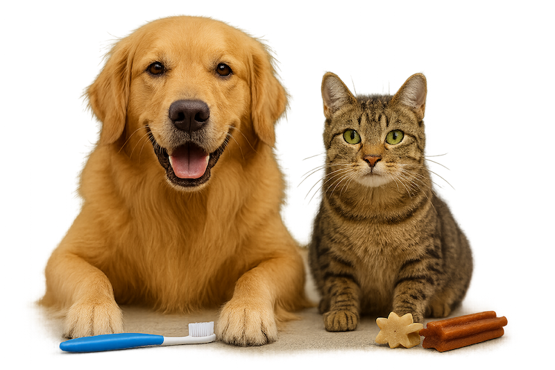Dog and cat dental health with toothbrush and dental treats