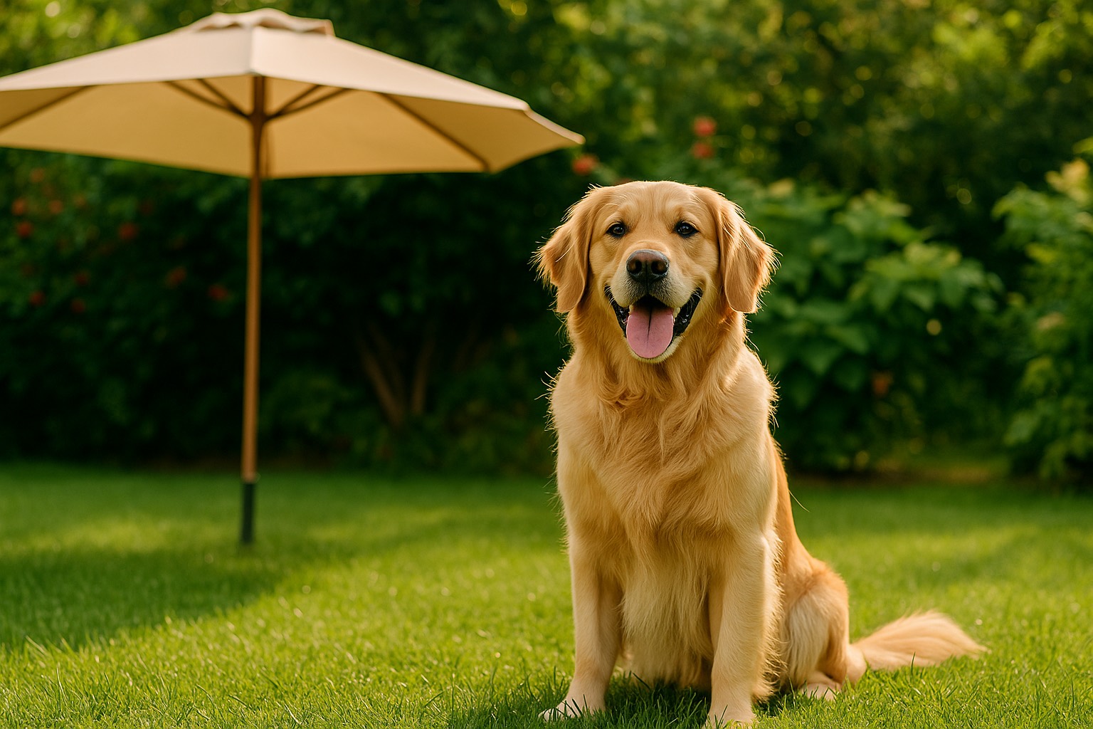 Happy dog in a shaded garden during summer.