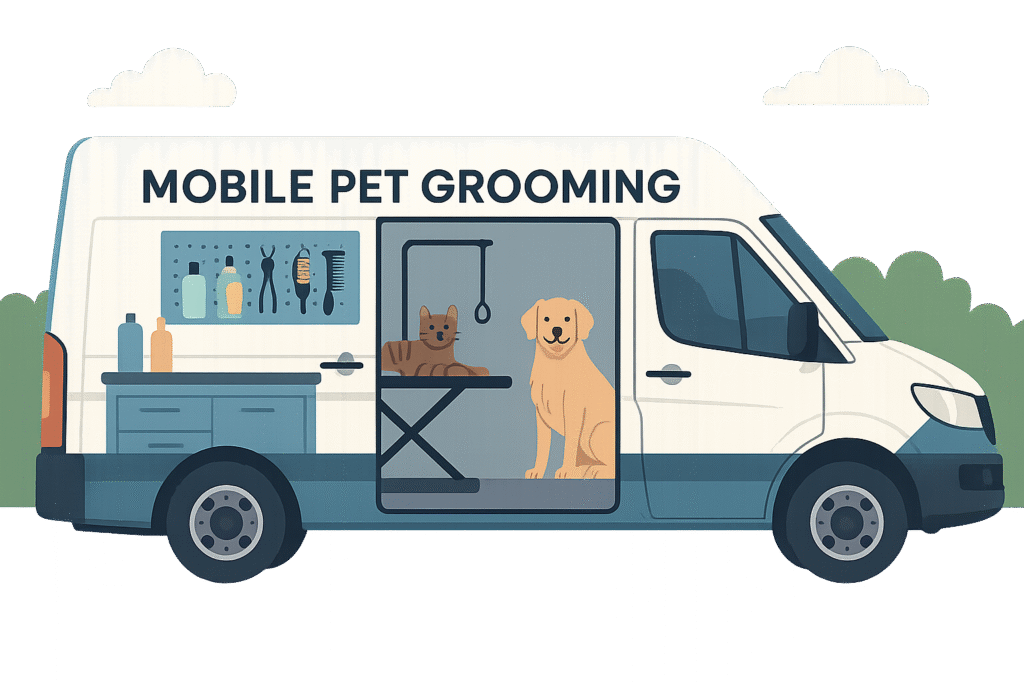 Mobile pet grooming van with grooming tools and happy pets.