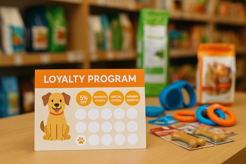 Pet store loyalty program card with rewards points and benefits