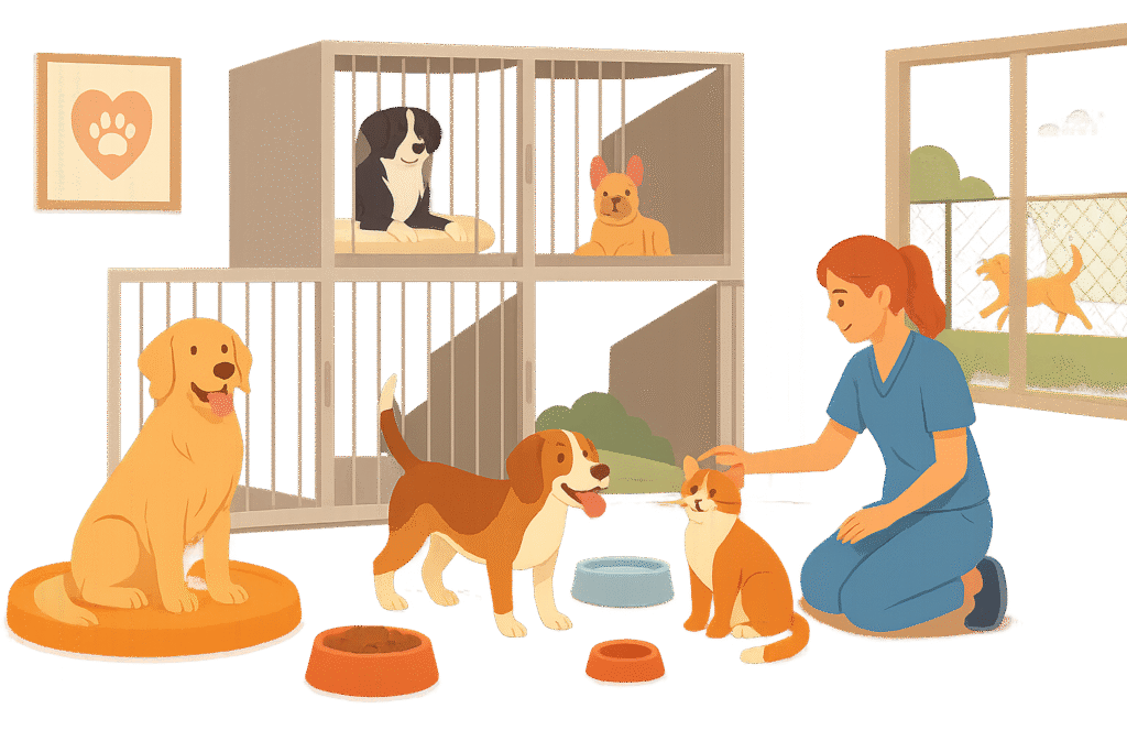 Pet boarding kennel with spacious accommodations and play areas.