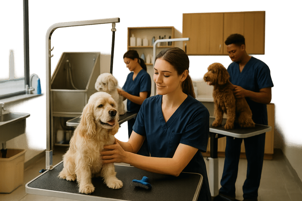 Pet grooming salon with staff and pets in a calm, professional environment.