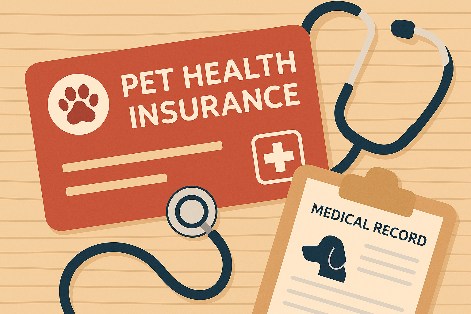 Pet health insurance card with stethoscope and pet medical records