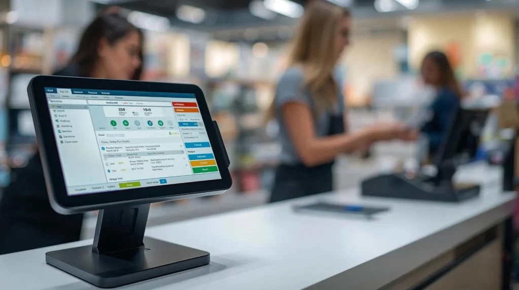 Retail owner reviewing multi location POS dashboard showing sales and inventory analytics