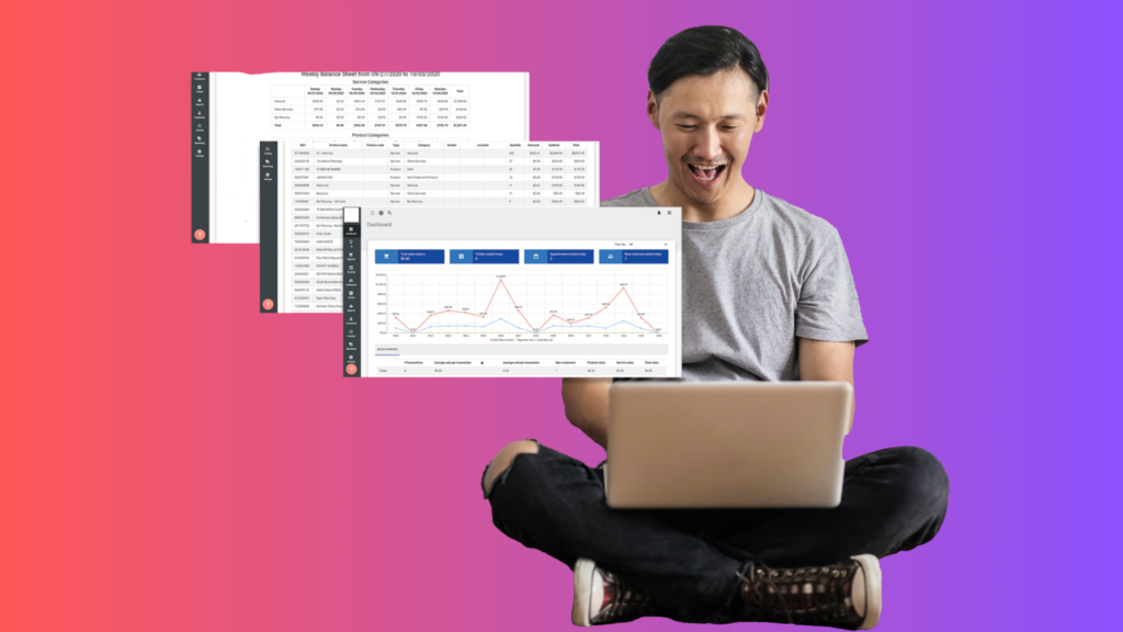 Business owner analyzing POS dashboard with sales reports and multi-location performance data on laptop